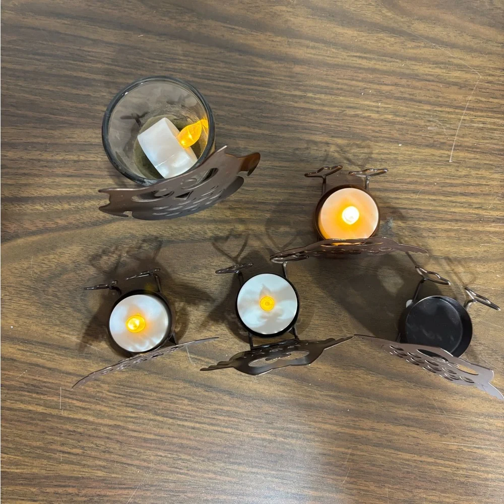Yankee Candle Set of Metal Owl Candle Light Holders. 4 babies & Momma 3”&4”H